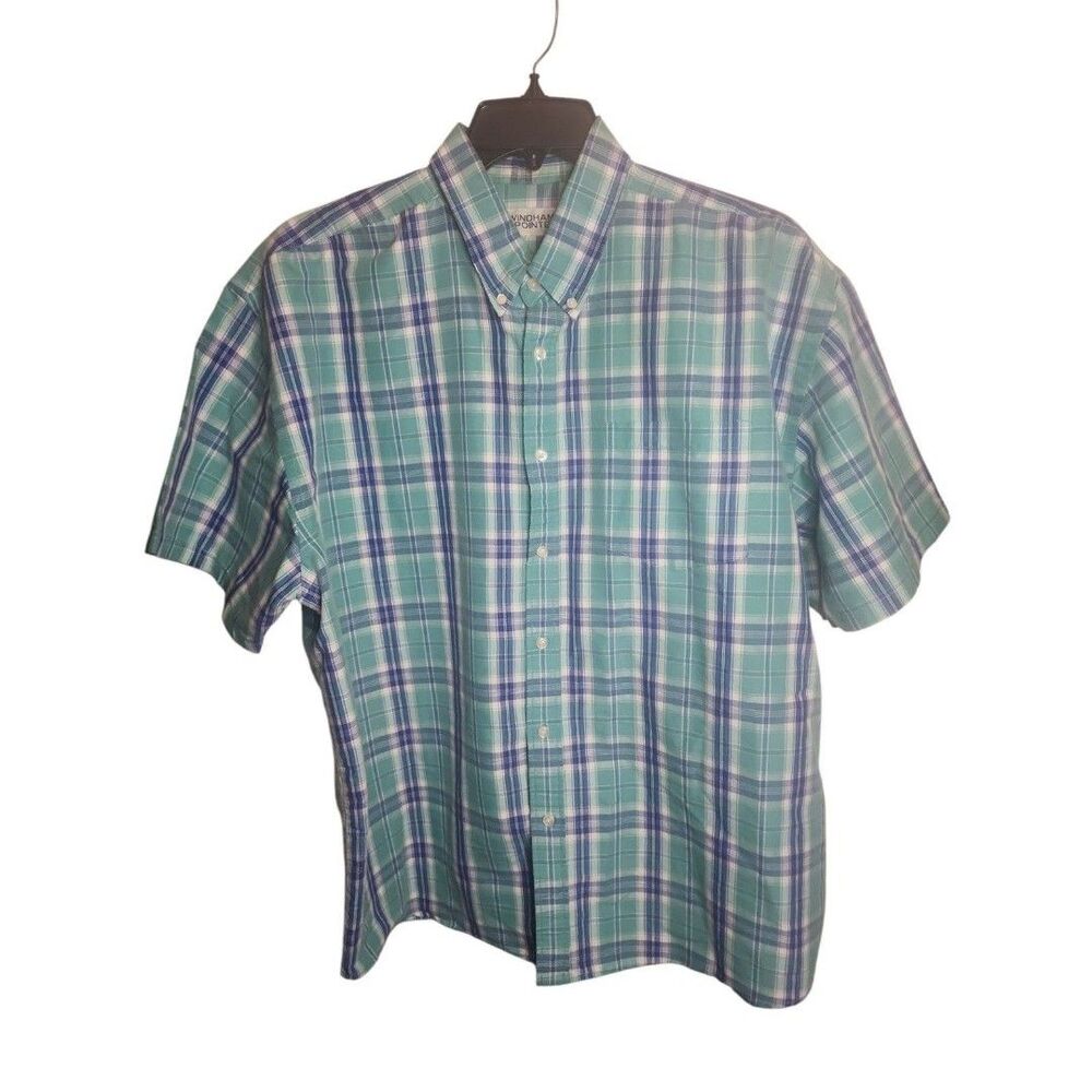 Windham Pointe Men’s XXL Button Shirt Blue Green Short Sleeve Casual